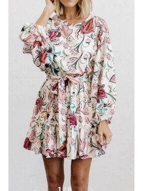 Baltic Born Tally Mini Dress Flirty Floral Spring Belted Chiffon, Size Large